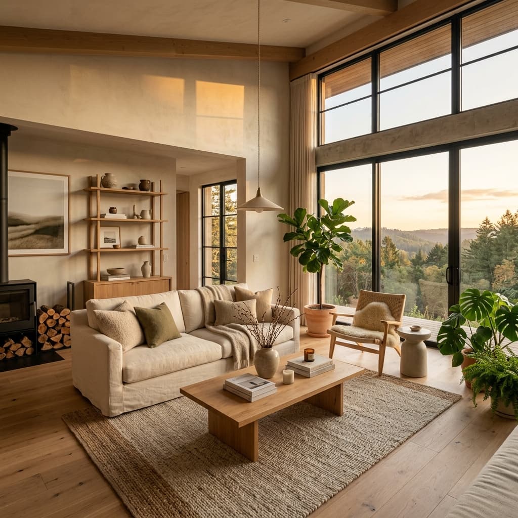 Luxury Airbnb living room with warm natural lighting